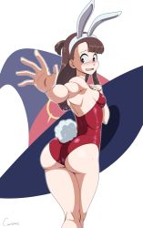 Rule 34 | 1girl, animal ears, artist name, ass, blush, breasts, brown hair, rabbit ears, rabbit tail, playboy bunny, canime, embarrassed, fake animal ears, from behind, hip focus, kagari atsuko, kneepits, little witch academia, long hair, looking at viewer, looking back, signature, sweat, tail, thick thighs, thighs, wide-eyed, wide hips