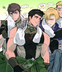 Rule 34 | ..., 4boys, ao isami, bara, black hair, blonde hair, clothes down, couple, facial hair, grin, hand on another&#039;s shoulder, happy, highres, ice nomu, large pectorals, lewis smith, looking at another, male focus, medium sideburns, multiple boys, muscular, muscular male, pectorals, sideburns stubble, sleeveless, smile, squiggle, stubble, thick eyebrows, wiping sweat, yaoi, yuuki bakuhatsu bang bravern