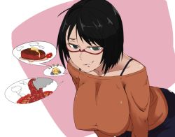 Rule 34 | 1girl, bare shoulders, black hair, breasts, brown eyes, character request, cooking, copyright request, food, green eyes, grill, grilling, grin, large breasts, leaning forward, long sleeves, looking at viewer, red-framed eyewear, sagara1990, short hair, smile, solo, steak, tongs