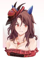 Rule 34 | 1girl, animal ears, bare shoulders, breasts, brown hair, cleavage, commentary request, cropped torso, dress, ear covers, hat, horse ears, jewelry, kaulen.f, king halo (take part in a waltz this evening) (umamusume), king halo (umamusume), long hair, looking at viewer, necklace, off-shoulder dress, off shoulder, orange eyes, parted lips, red dress, red hat, small breasts, smile, solo, umamusume, upper body