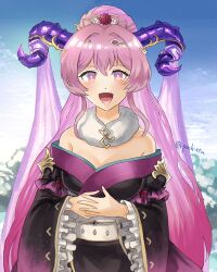Rule 34 | 1girl, :d, bare shoulders, black kimono, breasts, cleavage, fire emblem, fire emblem heroes, goat horns, highres, horns, japanese clothes, kimono, long hair, long sleeves, looking at viewer, nerthuz (fire emblem), nerthuz (new year) (fire emblem), nintendo, official alternate costume, open mouth, pink eyes, pink hair, pochi (furaigonn), ponytail, smile, solo, twitter username, upper body, very long hair, wide sleeves