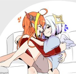 Rule 34 | 2girls, ahoge, alternate costume, amane kanata, angel, angel wings, barefoot, blonde hair, blue eyes, blue hair, blue shirt, blue wings, blunt bangs, blush, bow, closed eyes, closed mouth, colored inner hair, commentary, couch, diagonal-striped bow, doukyo&#039;s, dragon girl, dragon horns, english commentary, facing another, feathered wings, feet out of frame, gradient wings, grey shorts, hair ribbon, halo, hololive, horn bow, horn ornament, horns, hug, indoors, jacket, kiryu coco, kiryu coco (loungewear), long hair, long sleeves, looking at another, meyshi, multicolored hair, multicolored wings, multiple girls, official alternate costume, on couch, one eye closed, open mouth, orange hair, pointy ears, red jacket, ribbon, shirt, short hair, short sleeves, shorts, sidelocks, silver hair, sitting, sitting on lap, sitting on person, star halo, streaked hair, striped, striped bow, teeth, track jacket, twitter username, upper teeth only, virtual youtuber, white wings, wings