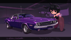 Rule 34 | 2girls, absurdres, animal ears, black bow, black eyes, black hair, bow, breasts, brown pantyhose, car, commission, detached collar, dodge (company), dodge challenger, dodge challenger (1st generation), highres, leaning forward, letterboxed, looking at viewer, medium breasts, motor vehicle, multiple girls, muscle car, original, pantyhose, parted lips, purple car, rabbit ears, radio antenna, rikona, short hair, skeb commission, smile, vehicle focus