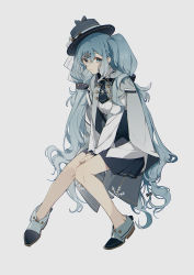 Rule 34 | 1girl, absurdres, bad id, bad pixiv id, between legs, black bow, black hat, black skirt, blue eyes, blue hair, bow, braid, cape, closed mouth, full body, grey background, grey cape, hair between eyes, hair bow, hair ornament, hand between legs, hat, hatsune miku, highres, knees together feet apart, long hair, long sleeves, looking at viewer, pleated skirt, shirt, shoes, simple background, sitting, skirt, snowflake hair ornament, solo, tilted headwear, twintails, very long hair, vocaloid, white footwear, white shirt, yuki miku, yuki miku (2020) (applicant), zhibuji loom