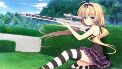Rule 34 | 1girl, aiming, blonde hair, blue eyes, breasts, dress, forest, game cg, grass, juukishi cutie bullet, legs, long hair, nature, sara tefal, serious, sitting, skirt, sky, small breasts, solo, striped legwear, thighs, tree, twintails, weapon, yuuki hagure