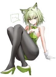Rule 34 | ..., 1girl, absurdres, animal ears, arknights, bare shoulders, black pantyhose, bow, bowtie, breasts, cat ears, cat girl, cleavage, closed mouth, commentary request, crossed legs, detached collar, full body, gloves, green bow, green bowtie, green eyes, green footwear, green hair, green leotard, high heels, highres, horn/wood, kal&#039;tsit (arknights), kittysuit, knees up, leotard, looking at viewer, medium breasts, nontraditional playboy bunny, pantyhose, playboy bunny, rabbit tail, short hair, simple background, sitting, solo, spoken ellipsis, strapless, strapless leotard, tail, thighs, white background, white gloves, white wrist cuffs, wrist cuffs