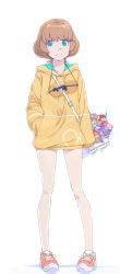 Rule 34 | 1girl, akinbo (hyouka fuyou), blue eyes, brown hair, closed mouth, collarbone, frown, full body, hand in pocket, highres, hood, hood down, hooded sweater, ichinose minori, long sleeves, looking to the side, orange footwear, precure, shoes, short hair, simple background, sneakers, solo, standing, sweater, tropical-rouge! precure, white background, yellow sweater
