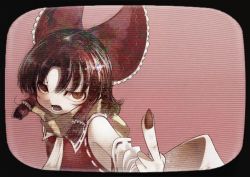 Rule 34 | 1girl, bad id, bad twitter id, benikurage (cookie), black border, border, bow, brown eyes, brown hair, cookie (touhou), detached sleeves, hair bow, hair tubes, hakurei reimu, koohee, middle finger, nail polish, open mouth, red bow, red nails, ribbon-trimmed sleeves, ribbon trim, scarf, solo, touhou, upper body, yellow scarf