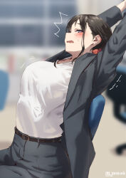 Rule 34 | 1girl, ^^^, black jacket, blurry, blurry background, blush, breasts, commentary request, jacket, jonsun, large breasts, looking at viewer, medium hair, mole, mole under eye, original, purple eyes, shirt, sitting, solo, stretching, twitter username, white shirt