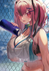 Rule 34 | 1girl, :d, ^^^, absurdres, azur lane, bare shoulders, black bra, blue sky, blush, bottle, bra, breasts, bremerton (azur lane), bremerton (scorching-hot training) (azur lane), chain-link fence, cleavage, collarbone, collared shirt, commentary request, crop top, crop top overhang, fence, hair between eyes, hair intakes, hair ornament, hairclip, heart, heart necklace, highres, jewelry, lace, lace-trimmed bra, lace trim, large breasts, long hair, looking at viewer, midriff, mole, mole under eye, multicolored hair, navel, necklace, open mouth, pink eyes, pink hair, pouring, pouring onto self, resolution mismatch, revision, see-through, shirt, sidelocks, sky, sleeveless, sleeveless shirt, smile, solo, source smaller, sportswear, streaked hair, sweat, teeth, tennis uniform, torriet, twintails, two-tone shirt, underwear, upper body, upper teeth only, water bottle, wet, wet clothes, wet shirt, x hair ornament