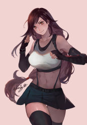 Rule 34 | &gt;:), 1girl, armpit crease, artist name, black gloves, black skirt, breasts, brown hair, clenched hands, collarbone, crop top, earrings, elbow gloves, elbow pads, fighting stance, final fantasy, final fantasy vii, fingerless gloves, fingernails, gloves, highres, jewelry, large breasts, long hair, looking at viewer, low-tied long hair, midriff, my-cooma, navel, red eyes, shirt, signature, skirt, smile, solo, suspender skirt, suspenders, suspenders gap, thigh gap, thighhighs, thighs, tifa lockhart, very long hair, white shirt, zettai ryouiki