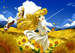 Rule 34 | 10s, 1girl, :d, barefoot, blonde hair, blue sky, cloud, contrail, day, dress, eyelashes, fang, field, flower, flower field, from behind, hair ribbon, happy, hat, unworn hat, hat ribbon, unworn headwear, hill, idolmaster, idolmaster cinderella girls, jougasaki rika, long hair, looking at viewer, looking back, motion blur, namidate, open mouth, outstretched arms, outstretched hand, petals, ribbon, running, shoe loss, shoes, unworn shoes, short sleeves, sky, smile, soles, solo, spread arms, straw hat, sunflower, sunflower field, twintails, two side up, very long hair, white dress, wind, yellow eyes