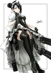 Rule 34 | 1girl, agent (girls&#039; frontline), aiming, aiming at viewer, apron, ass, asymmetrical hair, black dress, black footwear, black gloves, black hair, black panties, boots, clothes lift, commentary request, double bun, dress, dress lift, frilled dress, frills, full body, garter belt, garter straps, girls&#039; frontline, gloves, gomakyu, gun, hair between eyes, hair bun, high heel boots, high heels, highres, juliet sleeves, lace, lace-trimmed legwear, lace trim, legs, long sleeves, looking at viewer, maid, maid headdress, mechanical parts, outline, panties, panties over garter belt, puffy sleeves, sangvis ferri, short sleeves, signature, simple background, solo, thighhighs, thighs, underwear, weapon, white background, wire, yellow eyes
