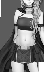 Rule 34 | 1girl, armlet, bare shoulders, belt, cape, choker, cowboy shot, crimson comics, grey background, greyscale, head out of frame, highres, long hair, midriff, miyo chinatsu, monochrome, navel, non-web source, simple background, skirt, smile, solo, standing, stomach