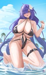 Rule 34 | 1girl, absurdres, azur lane, bare shoulders, beach, black one-piece swimsuit, blush, breasts, flower, hair flower, hair ornament, hair over one eye, heart, heart-shaped pupils, highres, large breasts, long hair, looking at viewer, mogador (azur lane), mogador (locker room lechery) (azur lane), mole, mole on breast, navel, official alternate costume, one-piece swimsuit, purple eyes, purple hair, riflech, swimsuit, symbol-shaped pupils, very long hair, white flower