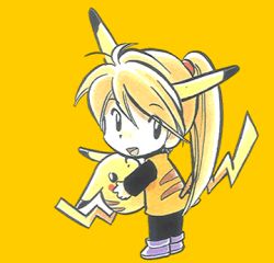 Rule 34 | 1990s (style), 1girl, cosplay, creatures (company), game freak, gen 1 pokemon, looking at viewer, looking back, lowres, mato, nintendo, official art, pikachu, pikachu (cosplay), pokemon, pokemon adventures, pokemon rgby, retro artstyle, simple background, smile, solo, yellow (pokemon), yellow background