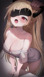 Rule 34 | 1girl, absurdres, bare shoulders, black blindfold, black horns, blindfold, blindfold slip, blonde hair, breasts, chimyo, cleavage, collarbone, commentary, crying, crying with eyes open, dress, fang, grey dress, highres, horn grab, horns, large breasts, long hair, one eye covered, open mouth, original, red eyes, skin fang, solo focus, standing, strapless, strapless dress, symbol-only commentary, tears