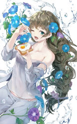 Rule 34 | 1girl, absurdres, bacon, baracan, bare shoulders, blue eyes, blue flower, braid, bread, brown hair, camisole, collarbone, eating, egg, flower, food, highres, holding, holding food, long hair, looking at viewer, morning glory, one eye closed, open mouth, original, pajamas, pants, purple flower, solo, strap slip, water, water drop, white background, white camisole, white pants