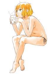 Rule 34 | 1girl, bad id, bad twitter id, barefoot, blonde hair, breasts, cup, full body, green eyes, highres, inactive account, md5 mismatch, mizuhashi parsee, mug, navel, nishiuri, panties, panties only, parted lips, pointy ears, resized, short hair, side-tie panties, simple background, sitting, sketch, small breasts, solo, topless, touhou, underwear, underwear only, white background