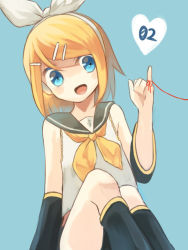 Rule 34 | 1girl, amarisu, blonde hair, blue eyes, hair ornament, hair ribbon, hairclip, kagamine rin, open mouth, pinky out, ribbon, short hair, smile, solo, string, string of fate, vocaloid