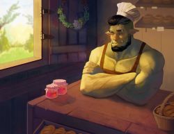 Rule 34 | 1boy, absurdres, apron, axel (axelwarriorvs), bara, bare shoulders, basket, beard, bread, brown apron, chef, chef hat, chest hair, colored skin, eyebrow piercing, facial hair, fangs, food, green skin, hat, highres, jam, male focus, mature male, monster boy, muscular, muscular male, naked apron, orc, original, pectoral cleavage, pectorals, piercing, pointy ears, short hair, sidepec, sitting, sleeping, solo, table, window, wooden table
