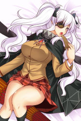 Rule 34 | 10s, 1girl, black cape, blazer, blush, breasts, cape, closed umbrella, eyepatch, jacket, large breasts, long hair, long sleeves, looking at viewer, lowres, lying, miniskirt, miyashiro sousuke, necktie, oil-paper umbrella, on back, one eye covered, open mouth, plaid, plaid skirt, red eyes, red necktie, senran kagura, shuriken hair ornament, skirt, solo, squid, tongue, tongue out, twintails, umbrella, white hair, yagyu (senran kagura)