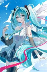 Rule 34 | 1girl, arm at side, bare shoulders, black skirt, black thighhighs, blue eyes, blue hair, blue nails, blue necktie, blue sky, breasts, closed mouth, collared shirt, cowboy shot, day, detached sleeves, floating hair, frilled shirt, frills, hand up, hatsune miku, hatsune miku happy 16th birthday -dear creators-, headset, highres, legs together, long hair, long sleeves, looking at viewer, medium breasts, microphone, miniskirt, nail polish, necktie, number tattoo, outdoors, pleated skirt, see-through, see-through sleeves, shirt, simple bird, skirt, sky, sleeveless, sleeveless shirt, smile, solo, tattoo, thighhighs, tie clip, tororogohan, twintails, very long hair, vocaloid, white shirt, zettai ryouiki