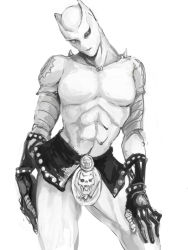 Rule 34 | 1boy, bandaged arm, bandages, contrapposto, cowboy shot, elbow gloves, gloves, greyscale, hands on thighs, head tilt, ichimoku (tansio5), jojo no kimyou na bouken, killer queen, looking at viewer, male focus, mismatched sclera, monochrome, muscular, navel, simple background, solo, stand (jojo), standing, stomach, thighs, white background