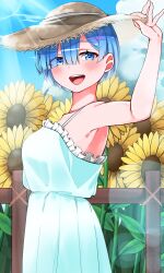 1girl arm_up armpits bare_shoulders blue_eyes blue_hair blush cowboy_shot day dress fence field film_grain flower flower_field from_side hat hat_tug hayate_0916 highres light_rays looking_at_viewer open_mouth outdoors re:zero_kara_hajimeru_isekai_seikatsu rem_(re:zero) short_hair sky solo standing summer sunflower sunflower_field white_dress