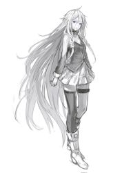 Rule 34 | 1girl, ahoge, boots, braid, choker, commentary request, detached sleeves, full body, fur trim, greyscale, high heel boots, high heels, highres, ia (vocaloid), long hair, long sleeves, looking at viewer, monochrome, pleated skirt, simple background, skirt, solo, spot color, sugi 214, thighhighs, very long hair, vest, vocaloid, white background, zettai ryouiki