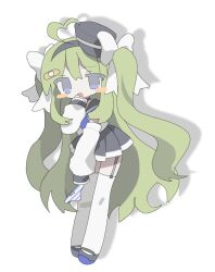 Rule 34 | 1girl, ahoge, bandaid, bandaid hair ornament, blue eyes, blush stickers, bow, daizu (melon-lemon), drop shadow, full body, garter straps, green hair, grey footwear, grey hairband, grey headwear, grey sailor collar, grey skirt, hair bow, hair ornament, hairband, hand to own mouth, hand up, hat, heart, heart ahoge, highres, holding, holding clothes, holding panties, holding underwear, legs together, long hair, long sleeves, looking at viewer, mini hat, miniskirt, original, panties, pleated skirt, sailor collar, sailor shirt, school uniform, serafuku, shirt, shoes, simple background, skirt, solo, standing, striped clothes, striped panties, thighhighs, two side up, underwear, very long hair, white background, white bow, white shirt, white thighhighs