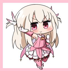 Rule 34 | 1girl, blush, boots, chibi, closed mouth, collared shirt, commentary request, detached sleeves, fate/kaleid liner prisma illya, fate (series), feather hair ornament, feathers, full body, gloves, hair between eyes, hair ornament, hana kazari, illyasviel von einzbern, layered skirt, light brown hair, long hair, long sleeves, looking at viewer, outstretched arm, pink background, pink feathers, pink footwear, pink shirt, pink sleeves, pink thighhighs, pleated skirt, prisma illya, red eyes, shirt, skirt, sleeveless, sleeveless shirt, smile, solo, standing, standing on one leg, thigh boots, thighhighs, two-tone background, two side up, v-shaped eyebrows, very long hair, white background, white gloves, white skirt