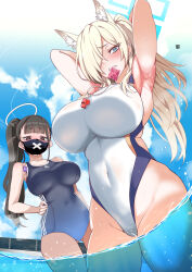 2girls animal_ear_fluff animal_ears aoi_manabu armpits arms_behind_head black_hair blonde_hair blue_archive blue_eyes blue_halo blue_one-piece_swimsuit blue_sky blunt_bangs breasts cloud competition_swimsuit condom condom_wrapper cover covered_navel dog_ears dog_girl extra_ears hair_over_one_eye halo highleg highleg_one-piece_swimsuit highres kanna_(blue_archive) kanna_(swimsuit)_(blue_archive) large_breasts long_hair looking_at_viewer mask mouth_hold mouth_mask multiple_girls notched_ear official_alternate_costume one-piece_swimsuit partially_underwater_shot red_eyes sharp_teeth side_ponytail sky sukeban_(smg)_(blue_archive) swimsuit teeth textless_version wading water white_one-piece_swimsuit