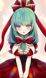 Rule 34 | 1girl, absurdres, bloom, blush, bow, breasts, brown background, closed mouth, collared dress, commentary request, corset, dress, eyelashes, frills, gradient background, green eyes, green hair, hair bow, highres, kagiyama hina, large breasts, looking at viewer, medium hair, n yurel, puffy short sleeves, puffy sleeves, red bow, red dress, short sleeves, smile, solo, standing, tongue, tongue out, touhou
