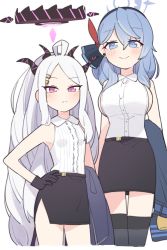 Rule 34 | 2girls, ahoge, ako (blue archive), black gloves, black legwear, black skirt, blue archive, blue eyes, blue hair, breasts, closed mouth, collared shirt, earrings, flat chest, frown, gloves, hair ornament, hairband, hairclip, halo, hand on own hip, highres, hina (blue archive), horns, jacket, unworn jacket, jewelry, kamo (kamonabe 44), large breasts, long hair, multiple girls, multiple horns, purple eyes, shirt, shirt tucked in, side slit, sideboob, sidelocks, skirt, sleeveless, sleeveless shirt, smile, stud earrings, thighhighs, white hair, white shirt