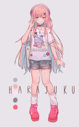 Rule 34 | 1boy, absurdres, bag, choker, full body, grey background, hair ornament, hairclip, hat, highres, jewelry, long hair, looking at viewer, loose socks, male focus, necklace, original, pink hair, shen (1542046839), shoes, short shorts, shorts, sidelocks, simple background, sneakers, socks, solo, trap, very long hair