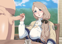 Rule 34 | 1boy, 1girl, black bow, blonde hair, blue eyes, blush, bow, breasts, censored, chair, cup, erection, fire emblem, fire emblem: three houses, hair bow, hair over shoulder, handjob, hetero, large breasts, long hair, long sleeves, mercedes von martritz, nintendo, outdoors, parted bangs, penis, see-through, sitting, smile, standing, table, teacup