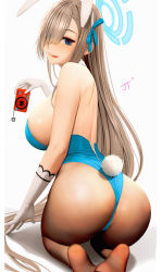 Rule 34 | 1girl, animal ears, ass, asuna (blue archive), back, banned artist, bare shoulders, blue archive, blue eyes, blue leotard, blush, breasts, brown pantyhose, camera, detached collar, elbow gloves, fake animal ears, gloves, hair over one eye, halo, highleg, highleg leotard, highres, jellytits-7, large breasts, leotard, light brown hair, long hair, looking at viewer, looking back, pantyhose, playboy bunny, rabbit ears, rabbit tail, smile, solo, tail, tongue, tongue out, white gloves