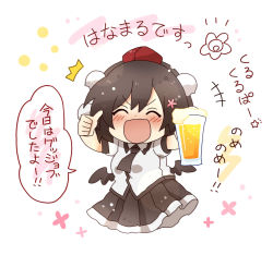 Rule 34 | 1girl, :d, ^^^, ^ ^, alcohol, beer, black hair, black neckwear, black skirt, black wings, blush, breasts, chibi, closed eyes, collared shirt, commentary request, cup, drinking glass, floral background, hair between eyes, hat, highres, holding, holding cup, low wings, mini hat, mini wings, open mouth, pleated skirt, pom pom (clothes), red hat, shameimaru aya, shirt, short sleeves, skirt, small breasts, smile, solo, thumbs up, tokin hat, totoharu (kujirai minato), touhou, translation request, white shirt, wings