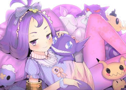 Rule 34 | 1girl, :3, acerola (pokemon), alternate costume, armlet, bad id, bad pixiv id, badge, bed, blush, bow, buttons, closed mouth, collared shirt, creatures (company), diamond (gemstone), diamond (shape), drifloon, elite four, eyelashes, flat chest, flipped hair, floral print, frilled shirt, frilled sleeves, frills, game freak, gastly, gen 1 pokemon, gen 3 pokemon, gen 4 pokemon, gen 5 pokemon, gen 6 pokemon, gen 7 pokemon, gengar, grin, hair ornament, hair ribbon, half-closed eyes, hand on another&#039;s chest, head on another&#039;s shoulder, headdress, hideousbeing, leggings, legs, litwick, looking at viewer, lying, lying on lap, mimikyu, neck ribbon, nintendo, npc trainer, on back, pantyhose, phantump, pillow, pink pantyhose, pink ribbon, pokemon, pokemon (creature), pokemon sm, polka dot, polka dot bow, polka dot shirt, purple eyes, purple hair, ribbon, sableye, sharp teeth, shirt, short hair, short sleeves, simple background, smile, striped, stuffed toy, teeth, trial captain, wavy mouth, white background, wristband