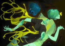 Rule 34 | 2others, absurdres, amputee, black background, blue hair, blue skin, bug, butterfly, butterfly on nose, colored skin, crystal, crystal hair, dual persona, from side, gem uniform (houseki no kuni), golden arms, hand up, highres, houseki no kuni, hug, insect, leaning back, leaning forward, liquid, molten metal, multiple others, mymydmy, other focus, outstretched arms, phosphophyllite, phosphophyllite (ll), profile, see-through, see-through sleeves, severed hand, severed head, severed limb, shards, short hair, short sleeves, simple background, sparkle, tears, yellow butterfly
