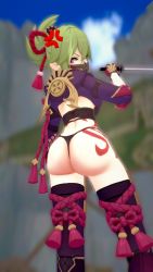 Rule 34 | 1girl, 3d, anger vein, angry, armor, artist request, ass, from behind, genshin impact, gloves, green hair, hair ornament, highres, huge ass, kuki shinobu, long hair, looking at viewer, looking back, mask, ninja, ponytail, purple eyes, reverse grip, rope, shimenawa, shiny skin, solo, standing, sweat, sword, tattoo, thighhighs, thong, weapon