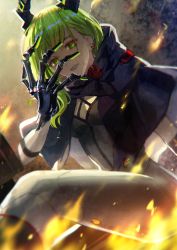 Rule 34 | 1girl, absurdres, black rock shooter, black rock shooter: dawn fall, dead master, fire, green eyes, green hair, highres, horns, igapon, long hair, looking at viewer, open mouth, solo, upper body
