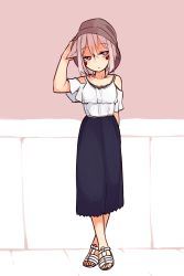Rule 34 | 1girl, akasha (syakoba), animal ears, bare shoulders, black skirt, closed mouth, commentary request, crossed ankles, expressionless, facepaint, full body, grey hair, hand on headwear, hat, highres, long skirt, original, pink background, sandals, shako (syakoba3), shirt, simple background, skirt, solo, two-tone background, white background, wolf ears
