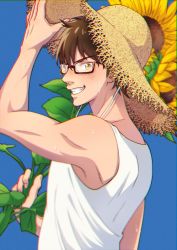 Rule 34 | 1boy, ace of diamond, blue background, blush, brown eyes, brown hair, eren hshs, flower, glasses, hand up, hat, highres, holding, holding flower, looking at viewer, male focus, miyuki kazuya, short hair, smile, solo, straw hat, sunflower, sweat, tank top, teeth, toned, toned male, upper body, white tank top