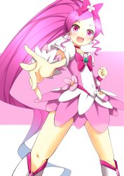 Rule 34 | 10s, 1girl, boots, bow, brooch, choker, cure blossom, earrings, hair bow, hair ornament, hair ribbon, hanasaki tsubomi, hayaneko (ceceragi), heart, heart brooch, heartcatch precure!, highres, jewelry, knee boots, long hair, magical girl, pink background, pink bow, pink eyes, pink hair, pink theme, ponytail, precure, puffy sleeves, ribbon, skirt, smile, solo, very long hair, wrist cuffs