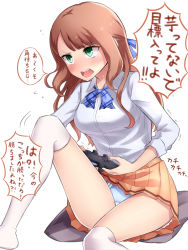 Rule 34 | 1girl, blue panties, blush, bow, breasts, brown hair, commentary request, controller, cushion, dualshock, flying sweatdrops, game controller, gamepad, green eyes, hair bow, highres, knee up, long hair, long sleeves, medium breasts, neit ni sei, open mouth, original, panties, pantyshot, playstation controller, pleated skirt, shiny skin, shirt, sitting, skirt, socks, solo, sweat, tearing up, thighhighs, translation request, trembling, underwear, white background, white shirt