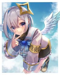 Rule 34 | 1girl, absurdres, aiguillette, almico, amane kanata, angel, angel wings, armband, asymmetrical bangs, asymmetrical hair, black footwear, black skirt, blue bow, blue bowtie, blue eyes, blue hair, blue socks, blue wings, bob cut, boots, bow, bowtie, closed mouth, colored inner hair, feathered wings, flying, frilled skirt, frills, gingham, gingham legwear, gradient eyes, gradient wings, grey jacket, hair over one eye, halo, highres, hololive, huge filesize, jacket, legwear garter, long sleeves, looking at viewer, miniskirt, multicolored eyes, multicolored hair, multicolored wings, pink eyes, purple eyes, sailor collar, short hair, silver hair, single hair intake, skirt, sleeve cuffs, sleeves past wrists, sleeves rolled up, smile, socks, solo, star halo, turtleneck, v over mouth, virtual youtuber, white wings, wide sleeves, wings