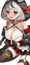 Rule 34 | 1girl, :d, animal hood, bare shoulders, black choker, black gloves, black jacket, braid, breasts, brown thighhighs, camisole, choker, cleavage, clothes pull, ear piercing, earrings, fang, fingerless gloves, frilled shirt, frills, garter straps, gloves, hair ornament, highres, hololive, hood, jacket, jewelry, large breasts, medium breasts, miniskirt, motsunuki, multicolored hair, off shoulder, open clothes, open jacket, open mouth, orca hood, piercing, plaid, plaid skirt, pleated skirt, pulled by self, red eyes, red skirt, sakamata chloe, shirt, short hair, simple background, skirt, sleeveless, sleeveless shirt, smile, solo, spaghetti strap, streaked hair, thighhighs, torn clothes, torn thighhighs, virtual youtuber, white background, white hair, white shirt, x hair ornament, zettai ryouiki