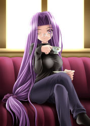 Rule 34 | 00s, 1girl, couch, crossed legs, fate/stay night, fate (series), glasses, long hair, low-tied long hair, medusa (fate), medusa (rider) (fate), noritama (gozen), official alternate costume, one eye closed, purple hair, solo, square pupils, tea, very long hair